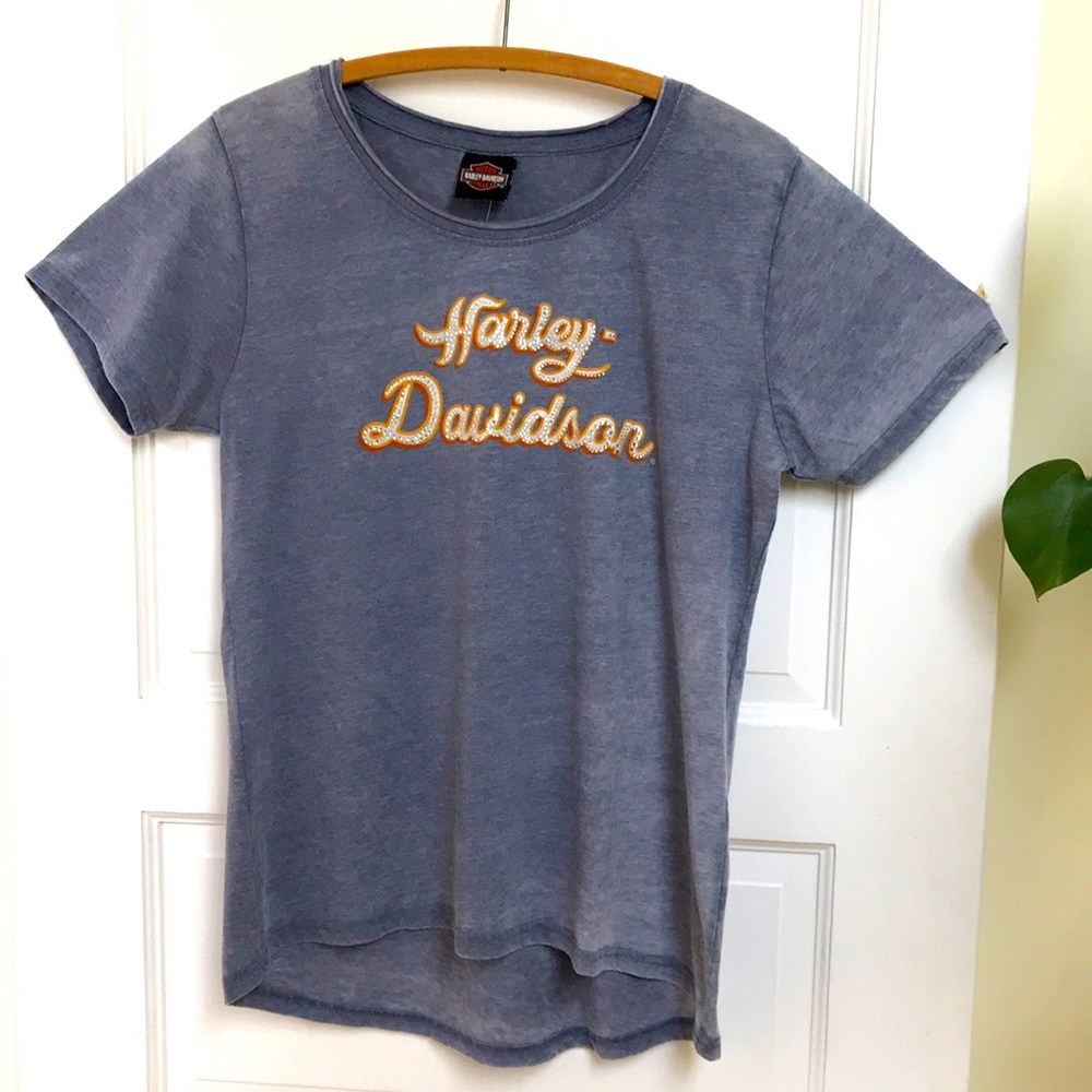 NWT Harley-Davidson Sz Large tee distressed grey crystals orange Savannah GA